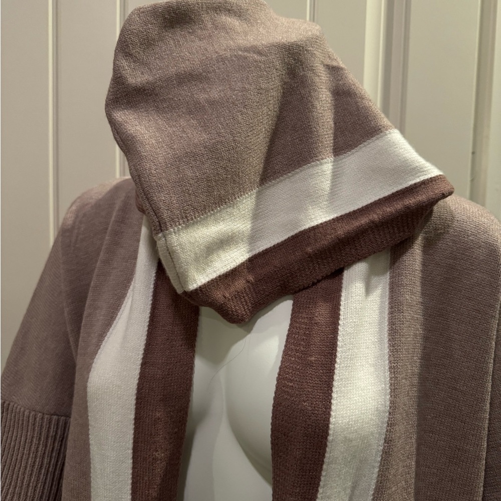 Chouyatou Hooded Color Block Knit Cardigan Apricot Khaki Viscose Blend Size L - Picture 7 of 9